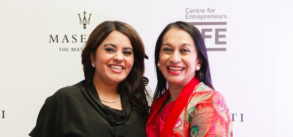 Shalini Khemka, Shalini Khemka, founder of E2Exchange with Lopa Patel, Founder of NewAsianPost.com at the Maserati 100 2016 Index launch party. Image copyright of Rahil Ahmad.