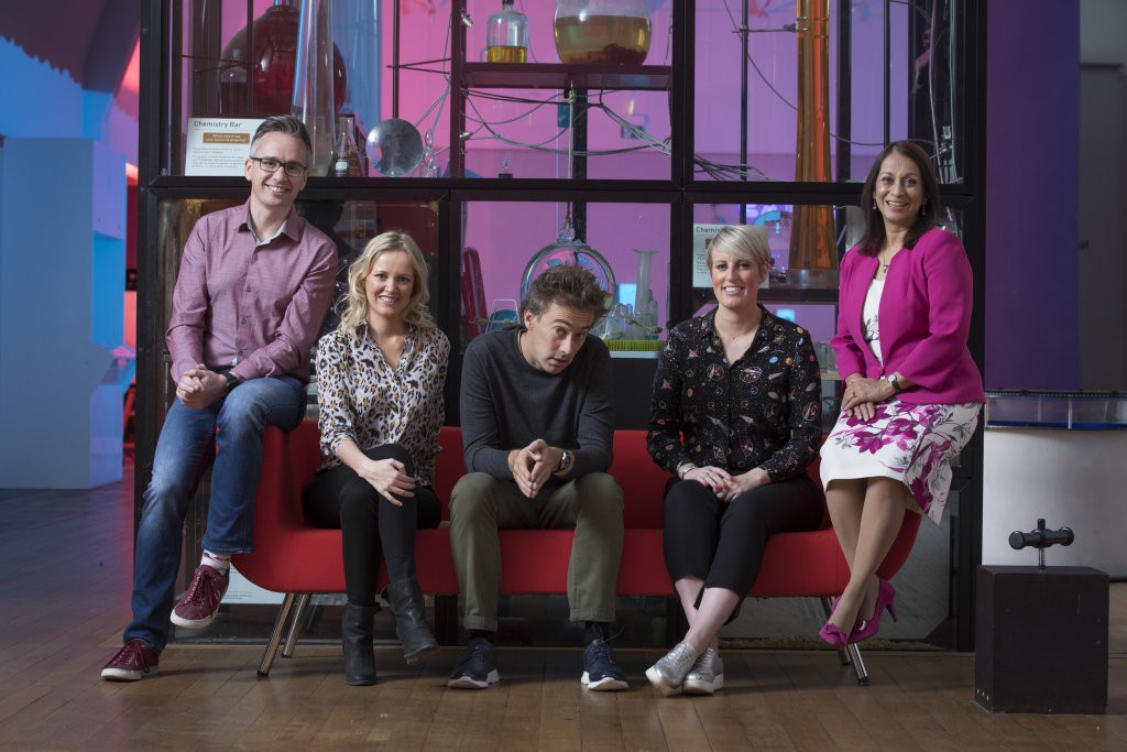 L-R - Barry Fitzgerald, Jill Tully, Dallas Campbell, Steph McGovern and Lopa Patel form the Young Imagineers 2018 judging panel