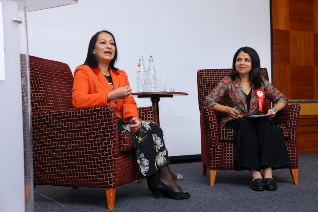Lopa Patel talking to Mayura Chandekar at the OMPEG UK Gala Dinner 2023