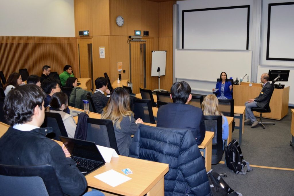 Lopa Patel MBE addressing Executive MBA (EMBA) students at Cambridge Judge Business School on 20 November 2024, as part of the esteemed Cambridge Leadership Speaker Series.