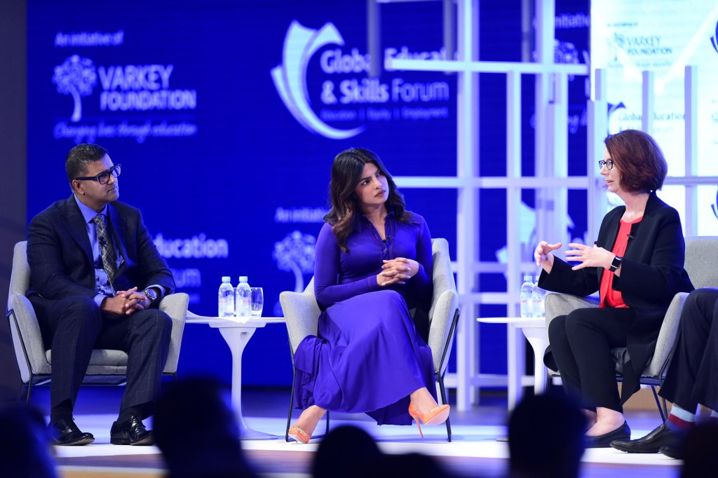 Vikas Pota, Priyanka Chopra and Julia Guillard at GESF 2018