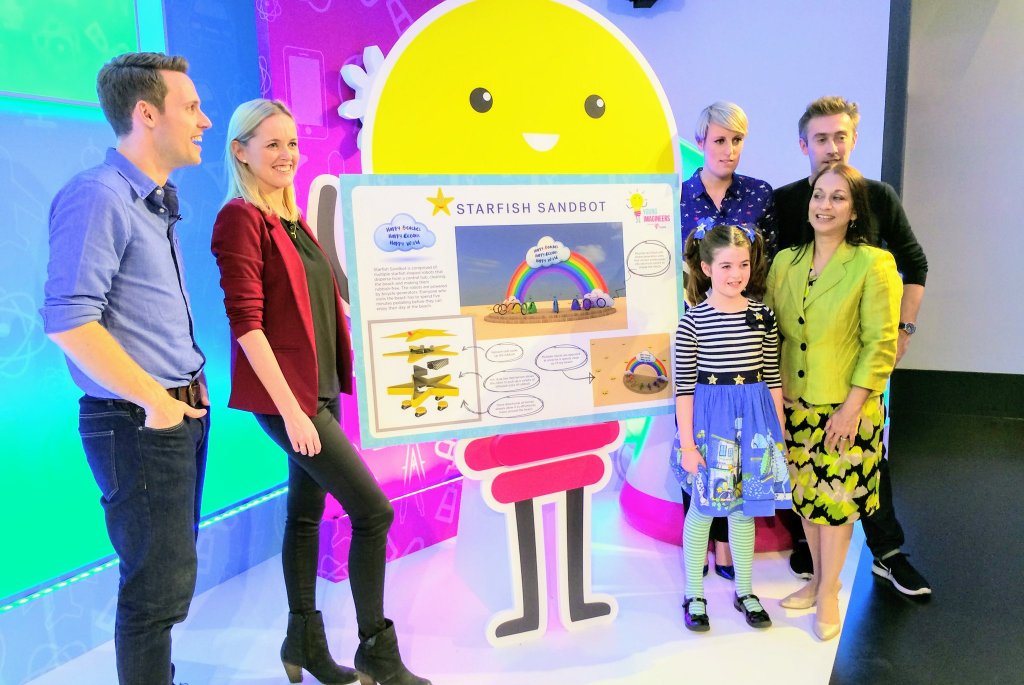 Young Imagineers 2017 highly commended entry Dorothy with presenter Dallas Campbell and judges Lopa Patel, Greg Foot, Jill Tully and Steph McGovern at The Science Museum