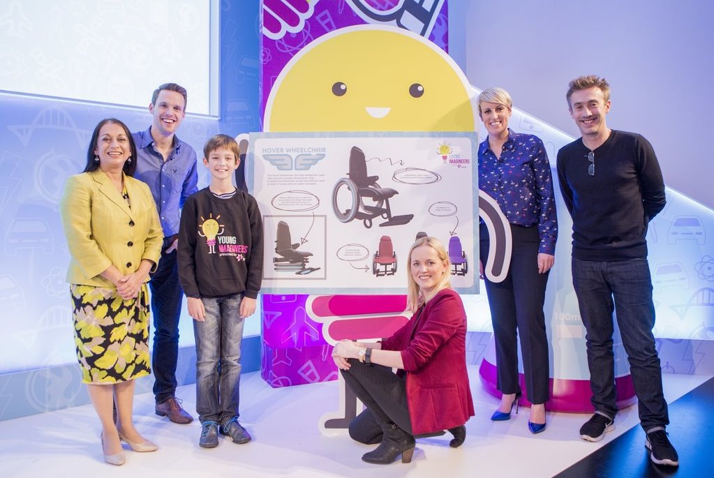 Young Imagineers 2017 winner Finlay with presenter Dallas Campbell and judges Lopa Patel, Greg Foot, Jill Tully and Steph McGovern at The Science Museum